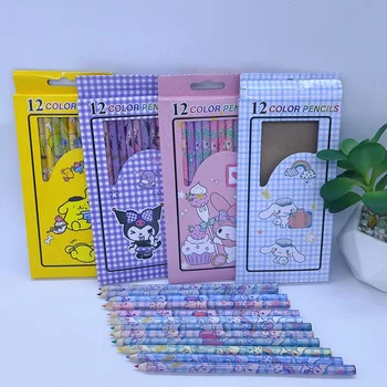 12 Коробок с милой мультяшной Синнамороллой Куроми, 12 палочек с цветными деревянными карандашами, Набор детских ручек для рисования, товары для студентов Изображение