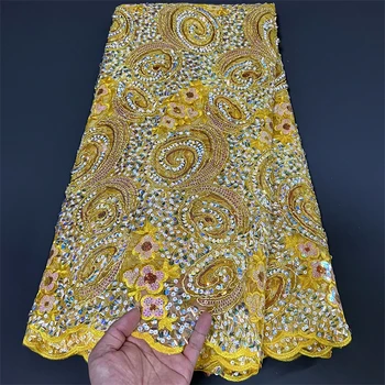 2023 Высококачественная Африканская Нигерийская тюлевая кружевная ткань для пошива свадебного платья с вышивкой, Чистая ткань 5 ярдов Изображение