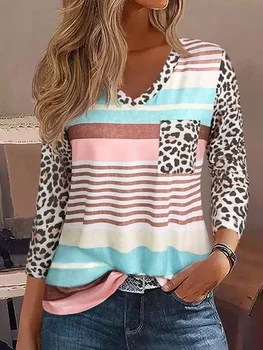 2023 Модная осенняя блузка в леопардовую полоску с карманом Три четверти, уникальный новый дизайн, Элегантные повседневные уличные топы для женщин Изображение