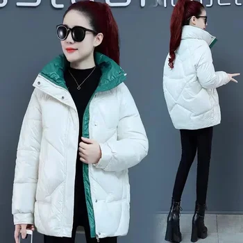 2023 Новая Корейская модная Зимняя куртка, женские хлопчатобумажные пальто с глянцевой подкладкой, парки со стоячим воротником, однотонные Теплые куртки с длинными рукавами Изображение