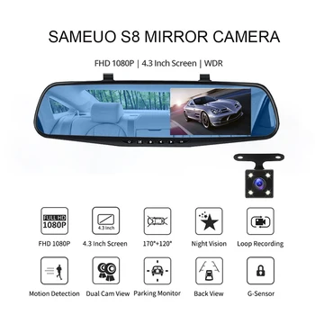 4,3-дюймовый автомобильный видеорегистратор HD 1080P с двумя объективами для вождения автомобиля, запись петли ночного видения, вид сзади, G-сенсор с углом обзора 170 градусов Изображение