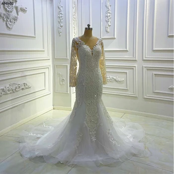 AM1403 Кружевное свадебное платье-русалка с V-образным вырезом и длинным рукавом Изображение