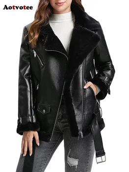 Aotvotee Куртки из искусственной кожи для женщин 2023 Модное пальто с меховой подкладкой, куртки с длинными рукавами, повседневные куртки с отложным воротником на молнии Изображение