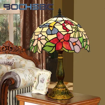 BOCHSBC Настольная лампа с витражным стеклом Tiffany в стиле ретро арт-деко, гостиная, столовая, спальня, прикроватный бар, офисная лампа bird Изображение