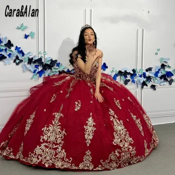 Gilter Vestidos De 15 Quinceañera Красное Пышное Платье С Золотой Аппликацией 2023 С Открытыми Плечами, Расшитое Бисером И Блестками, Сладкие 16 Платьев Изображение