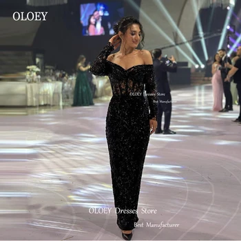 OLOEY, блестящие кружевные вечерние платья с пайетками, с открытыми плечами, с длинными рукавами, Дубай, арабские женщины, блестящие платья для выпускного вечера, вечерние платья знаменитостей Изображение