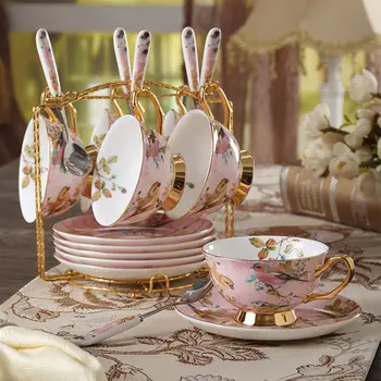 Osso china copo de café conjunto rosa pássaro porcelana xícara de chá conjunto avançado cerâmica pote caneca de açúcar tea cups Изображение