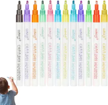 Super Squiggles Outline Markers - Яркие Контурные Фломастеры Блестящего Блеска, Мерцающие Фломастеры DIY Doodle Shimmer Pen Для Изготовления Открыток, Изображение