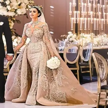 Арабский Дубай Великолепное свадебное платье с высоким воротом и длинным рукавом 2023 Русалка Кружевные аппликации Съемный шлейф Свадебные платья Vestido De Изображение