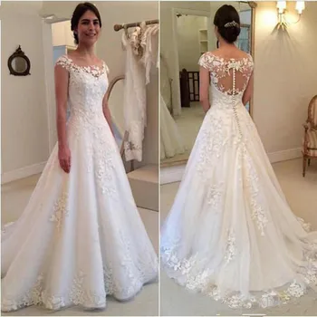 Белые элегантные свадебные платья с аппликацией 2023, прозрачные рукава-колпачки сзади, винтажное кружевное платье невесты Vestidos De Novia A-line Изображение