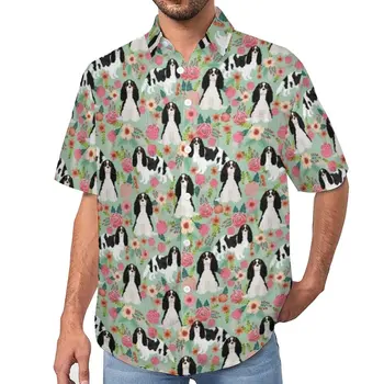 Блузки для собак, Мужские Повседневные рубашки с цветочным рисунком Кавалера Кинг Чарльз Спаниеля, Летний Дизайн с коротким рукавом, Модная рубашка для отпуска большого размера Изображение