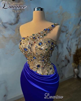 Великолепные коктейльные платья королевского синего цвета с рукавами-кристаллами, сексуальные платья для выпускного вечера, платья для свадебных вечеринок для женщин, Vestidos De Cóctel Изображение