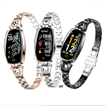 Высококачественные женские умные часы H8, пульсометр, датчик артериального давления, ремешок для смарт-часов, фитнес-трекер, Женский металлический браслет, золотой Изображение