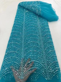 Голубая Французская свадебная кружевная ткань для жениха 2023, Расшитая бисером, Африканская Нигерийская тюлевая кружевная ткань с пайетками ручной работы Изображение
