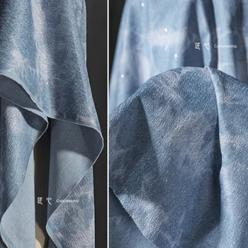 Джинсовая ткань, окрашенная в голубой цвет, Хрустящая ветровка, сумка, дизайнер одежды, ткань для шитья своими руками, хлопок, полиэстер, материал Изображение