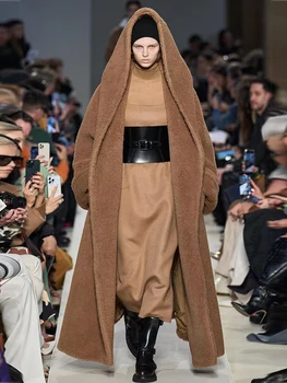 Дизайнерское ретро однотонное длинное пальто из шерсти альпаки с капюшоном для женщин на зиму, новое модное роскошное универсальное теплое пальто Изображение