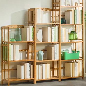Домашние книжные шкафы из бамбука От пола до потолка, книжный шкаф, современная мебель для гостиной, настольный органайзер, простая многослойная полка для хранения Изображение