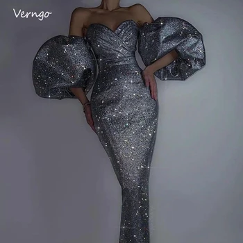 Женские вечерние платья Verngo Sparkly Grey из Дубая с пышными рукавами-русалочками, блестящие платья для выпускного вечера, длинное вечернее платье для ночного мероприятия Изображение