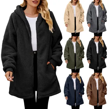 Женские куртки оверсайз, толстовки из пушистого флиса, верхняя одежда на молнии, пальто с карманами, маленькая куртка Изображение
