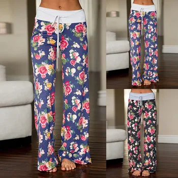 Женские удобные повседневные пижамные брюки с цветочным принтом и завязками, широкие брюки Изображение