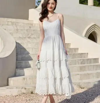 Женское летнее белое платье, новинка, на тонких бретельках, для отдыха на море, пляжные многослойные платья-слипы, викторианское длинное платье Vestidos Изображение