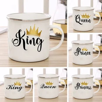Забавный король, королева, принц, принцесса, Эмалированная чашка, Кружка с золотой короной, кофейная чашка, десерт для завтрака, чашка для молока и воды, подарок для пары Изображение