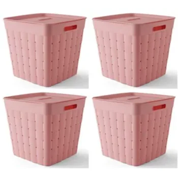 Корзина для хранения Your Zone для детей и подростков из пластика широкого плетения розового цвета с крышкой, 4 упаковки Изображение