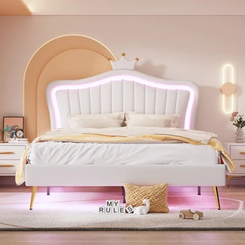 Кровать, кровать принцессы, Современный раскладывающийся каркас кровати со светодиодной подсветкой и дизайном изголовья в виде короны, для спальни Изображение