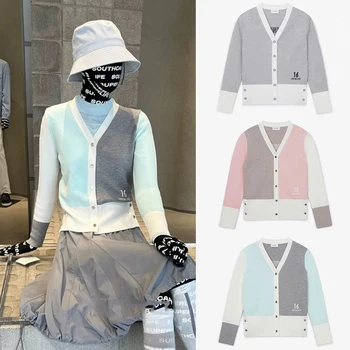 Куртка для гольфа Southcape, женский трикотаж с длинным рукавом, осень-зима 2023, новый кардиган для гольфа с V-образным вырезом, подходящий по цвету Изображение