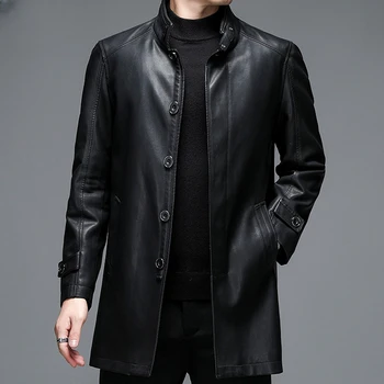 Куртка из натуральной кожи, мужская одежда 2023, Осенне-зимние куртки для мужчин, теплое пальто, модная однобортная ветровка средней длины Изображение