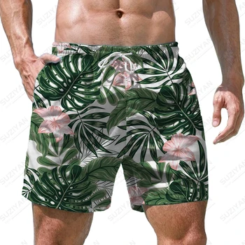 Летние новые мужские шорты с 3D-принтом тропических растений, мужские шорты в стиле повседневных каникул, модные повседневные мужские шорты Изображение