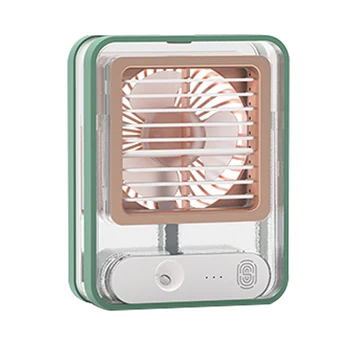 Маленький персональный настольный вентилятор с распылителем тумана, светодиодный ночник, Электрический вентилятор для запотевания воды, USB Перезаряжаемый портативный вентилятор зеленого цвета Изображение