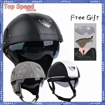 Мотоциклетный шлем Four Seasons, Летний Дышащий Солнцезащитный Защитный шлем, Ретро Кожаный Противотуманный Полушлем, Ветрозащитный Изображение