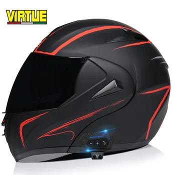 Мотоциклетный шлем с модульным откидным козырьком, двойной объектив Cascos DOT Cool, мотоциклетный шлем с полным лицом, Casco, черный шлем Bluetooth Изображение