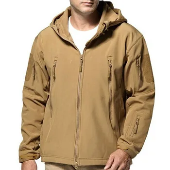 Мужская тактическая куртка Soft Shell, зимняя водонепроницаемая флисовая теплая куртка с капюшоном, куртка для альпинизма, катания на лыжах, куртка с несколькими карманами Изображение