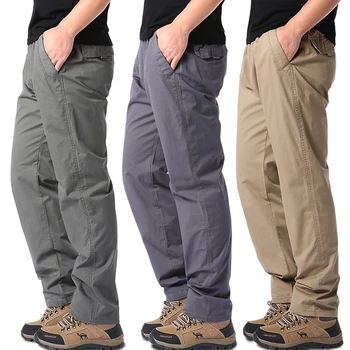 Мужские летние повседневные брюки хлопчатобумажный комбинезон с эластичной резинкой на талии для занятий спортом на открытом воздухе, свободные рабочие брюки, трендовые однотонные брюки Изображение