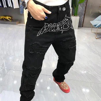 Мужские тонкие эластичные джинсовые трендовые брендовые модные мужские брюки в европейском стиле, новые джинсы с рисунком в виде звезды, джинсы в стиле хип-хоп с буквенным принтом Изображение