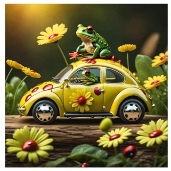 Мультяшная алмазная картина Животное Лягушка на автомобиле 5D Алмазная мозаика Желтый цветок Dasiy Божья коровка Домашний декор Картинки из горного хрусталя Изображение