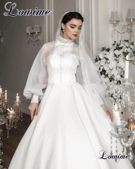 Мусульманские свадебные платья из Дубая Чисто-белого цвета для женщин 2023, Элегантное Свадебное платье с длинными рукавами, простое свадебное платье Vestido De Casamento Изображение