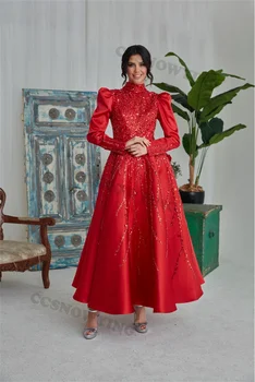 Мусульманское вечернее платье с красным пятном и блестками, вечернее платье для выпускного вечера с длинным рукавом и высоким воротом, Арабский Дубайский женский Марокканский кафтан трапециевидной формы Изображение