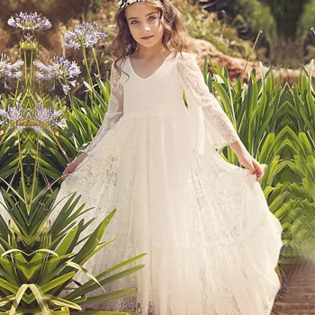 Новая детская одежда, детское кружевное платье в цветочек, детское платье с длинным рукавом и круглым вырезом. Изображение