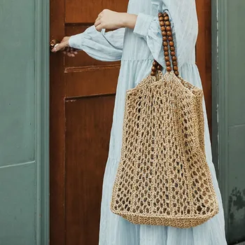 Новая плетеная женская сумка ручной работы из соломы, открытая сумка, расшитая бисером, сумка через плечо большой емкости Изображение
