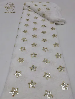 Новейшая африканская бархатная кружевная ткань 2023 г. Высококачественная роскошная вышивка блестками Французская кружевная ткань для пошива свадебного платья Изображение