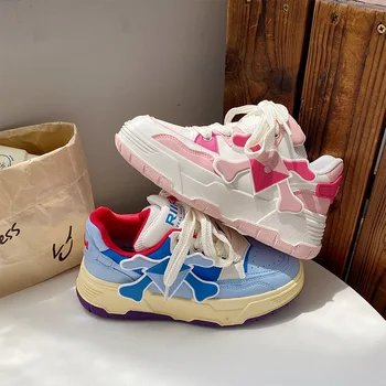 НОВЫЕ дизайнерские женские дышащие Сиреневые кроссовки в стиле пэчворк, Милая обувь, кроссовки на толстом каблуке, повседневная обувь для бега на платформе Y2K Изображение