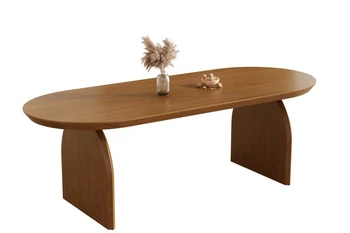 Обеденный стол из массива дерева в скандинавском стиле, овальный, малогабаритный, для дома, обеденные столы в японской гостиной, сочетание обеденных столов и стульев. Изображение