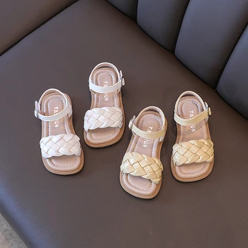 Обувь для малышей, летние плетеные детские босоножки с квадратным носком, бежево-желтые, 21-36, модные детские ползунки из искусственной кожи, Изображение