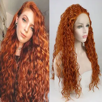 Оранжевый Парик из мягких синтетических волос на кружеве, предварительно выщипанный, упругий, вьющийся, Термостойкое волокно, натуральные волосы без пробора для женщин Изображение
