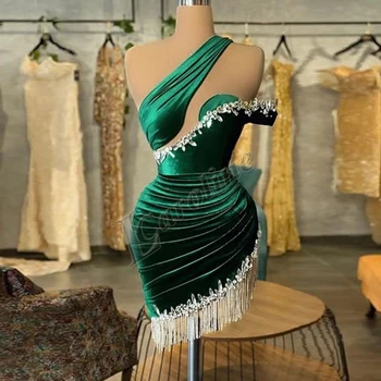 Очаровательное вечернее платье Caroline из велюра с кисточками и кристаллами, миди на одно плечо, платья для выпускного вечера, сшитое на заказ, Vestidos Robes De Soirée Изображение