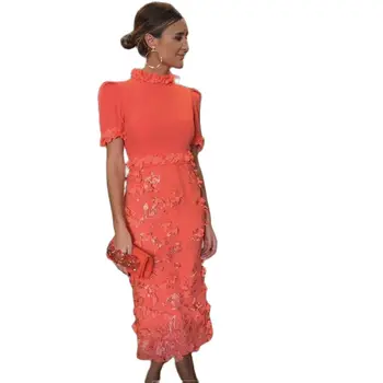 Платья Mothe в форме арбуза Чайной длины с цветочными кружевными аппликациями ручной работы Свадебное платье для гостей с коротким рукавом Коктейльное платье для вечеринки Изображение