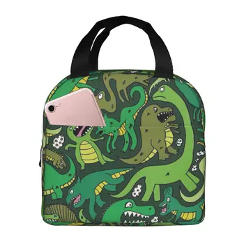Прекрасная зеленая сумка для ланча с динозаврами, изолированный ланч-бокс, многофункциональные сумки для ланча, Многоразовая термосумка-холодильник Изображение